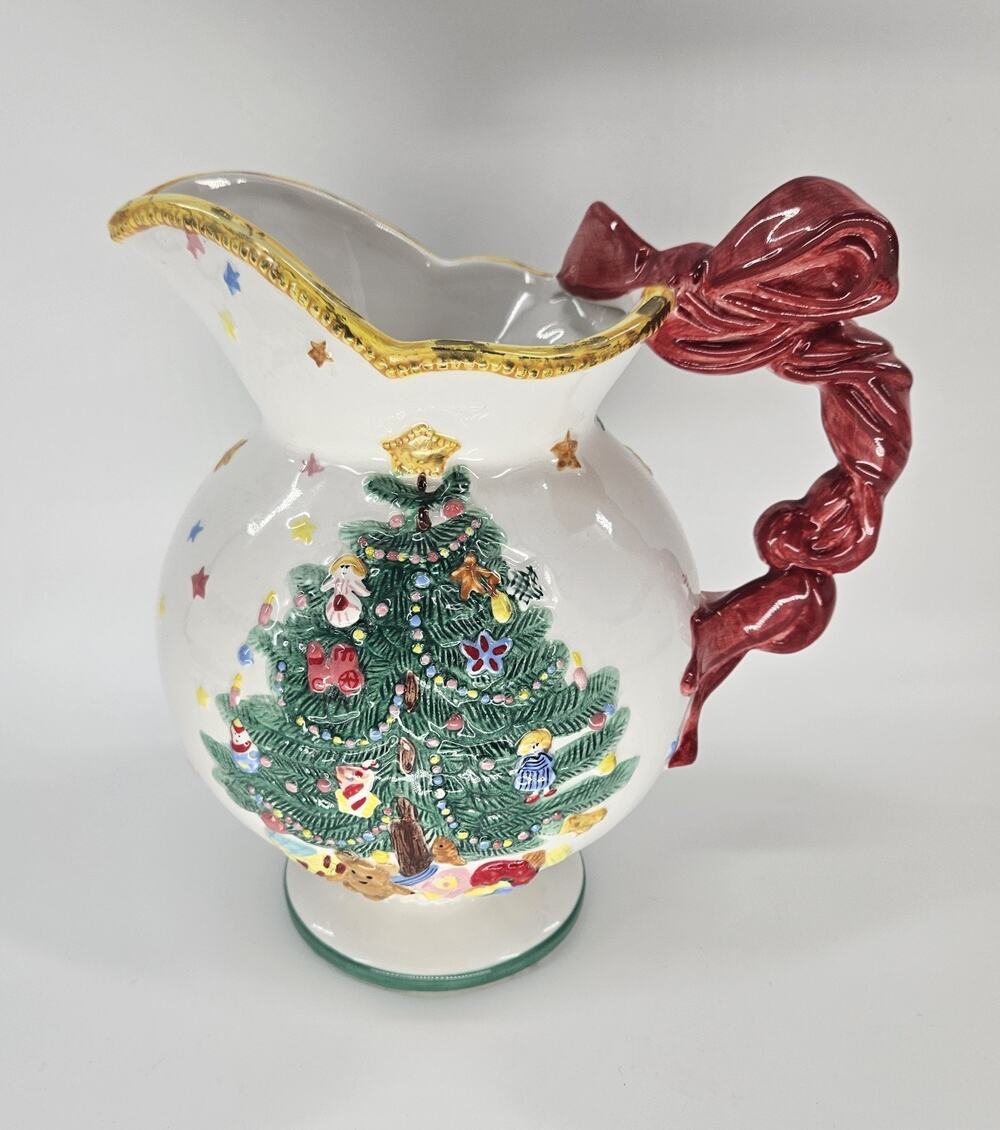 Nikko Christmas 3D Ribbon Handled Pitcher 206-1002 Christmas Tree Holiday 10"